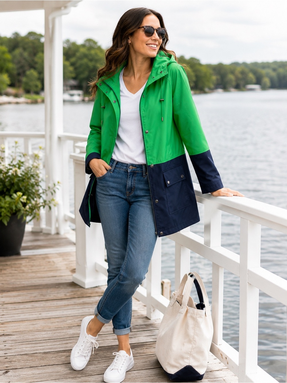 Bagatelle Sport Hooded Rain Jacket Women’s Large Green Navy Colorblock NWOT